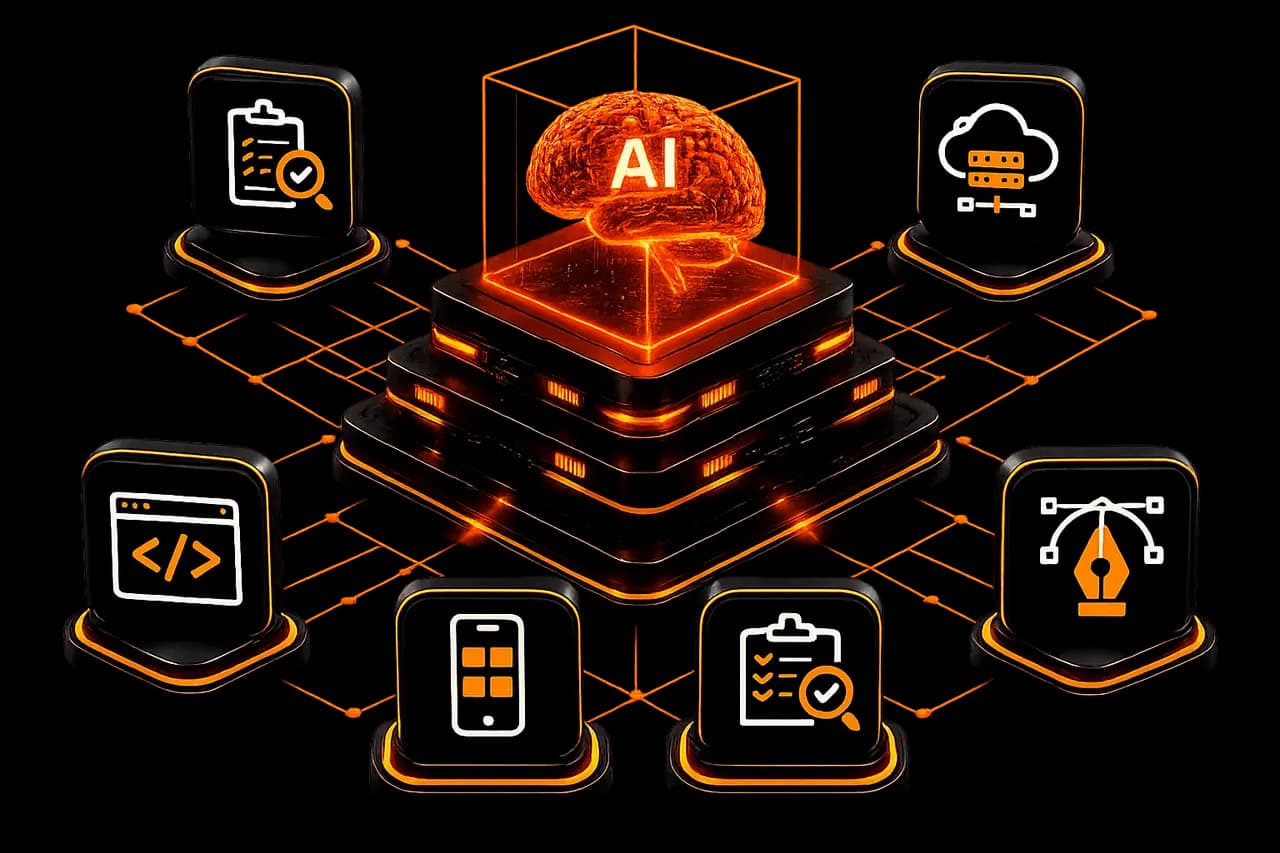 Illustration of the Sprint Coders team building web, mobile and AI products